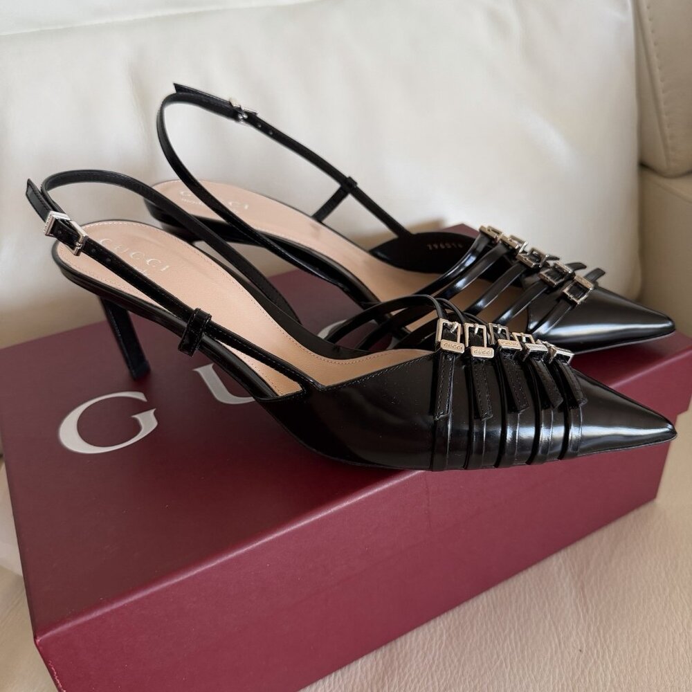 NEW Gucci Seraphine Leather Black Slingback Pumps size 38 Retail $1450 - Picture 3 of 12